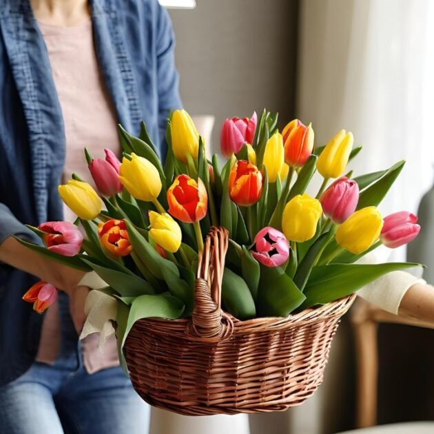 Mothers Day Tulips Hand-Tied Basket for Her - Beautiful Floral Gift in Men's Hands