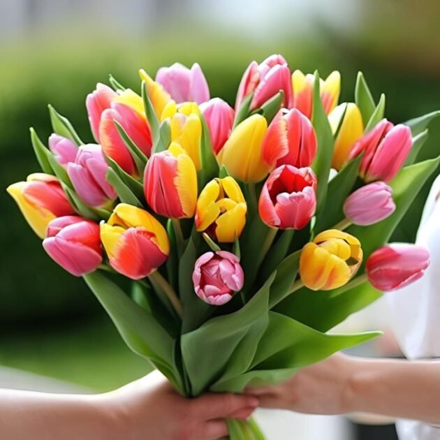 Tulips flowers bouquet for Mother’s Day, vibrant tulip bouquet for mom, fresh floral arrangement.