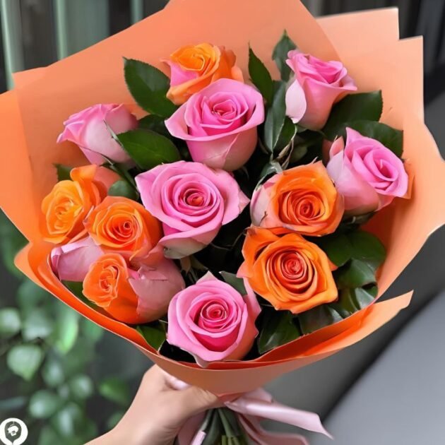 Pink And Orange Rose Bouquet Mothers Day Flowers in a man’s hand