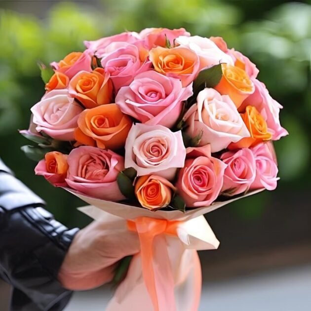 Pink And Orange Rose Bouquet Mothers Day Flowers held by a man