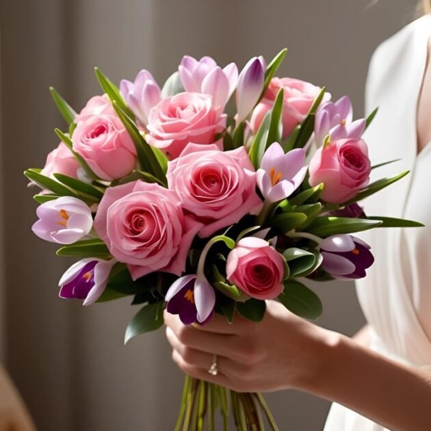 Pink roses and crocus Mothers day flowers bouquet held in a woman's hand, symbolizing love and appreciation.