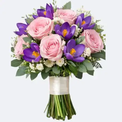 Pink roses and crocus flowers Bouquet