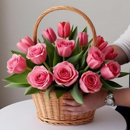 Beautiful roses and pink tulips flower gift for any occasion