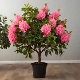 Pink azalea tree in yellow pot