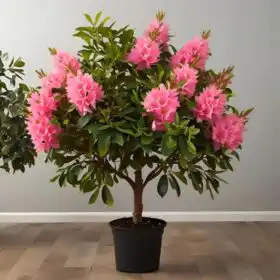 Pink azalea tree in yellow pot