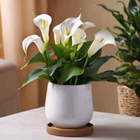 White calla lily plant in striped pot
