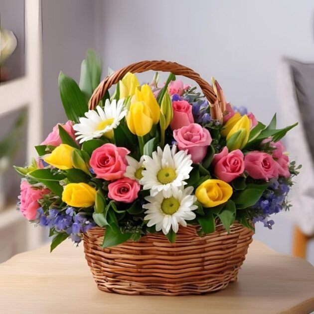 Spring Flowers Basket Delivery – A beautiful arrangement of fresh spring blooms in a charming basket