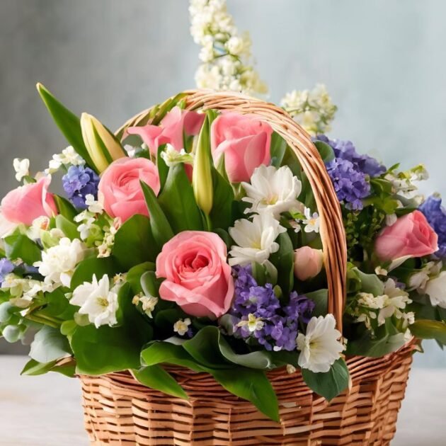 Spring Flowers Basket Delivery – Elegant floral arrangement of spring flowers in a basket for delivery