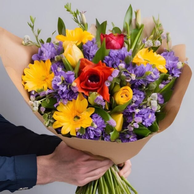 Spring Flowers for Mother's Day UK bouquet in a man’s hand with bright tulips, lilies, and daisies, perfect for gifting.