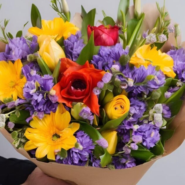 Spring Flowers for Mother's Day UK bouquet in a man's hand, vibrant tulips, lilies, and daisies.