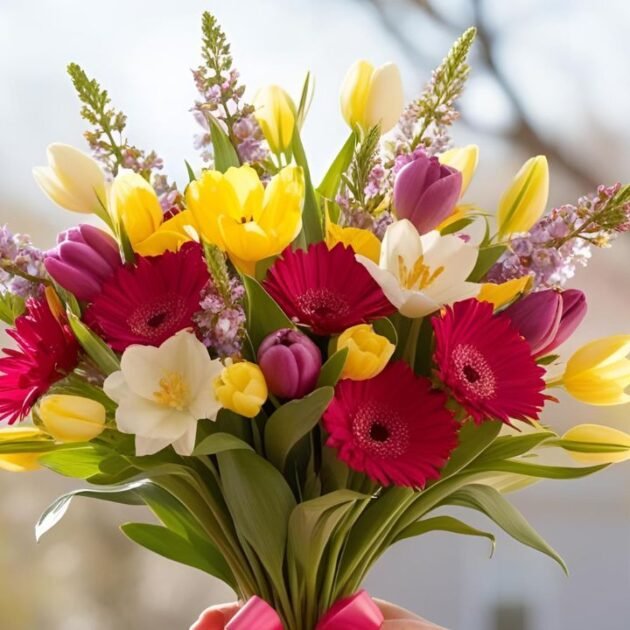 Vibrant spring flowers for Mother's Day gift, including tulips and daffodils