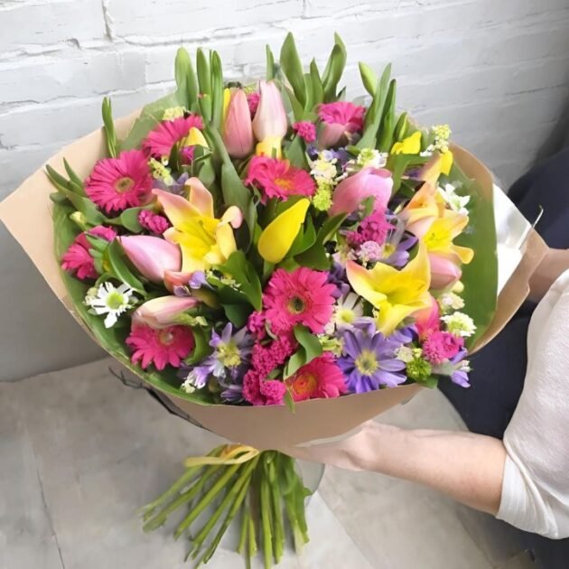 Bright spring flowers for Mother's Day gift, including colorful tulips and daffodils