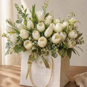 White tulips in a basket