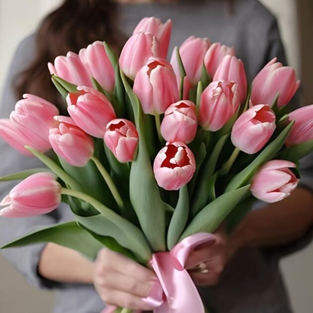 Where to buy pink tulips for Mother's Day UK bouquet held by woman