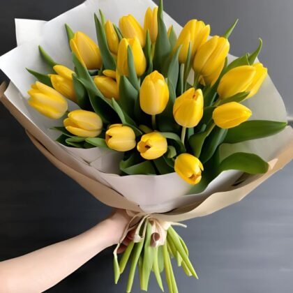 Yellow Hand Tied Tulips Bouquet Mother's Day Flowers - Fresh & Vibrant Tulips for Mom