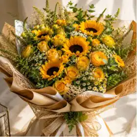 Radiant Sunshine: 50 Stem Premium Hand-Tied Yellow Roses And Sunflowers