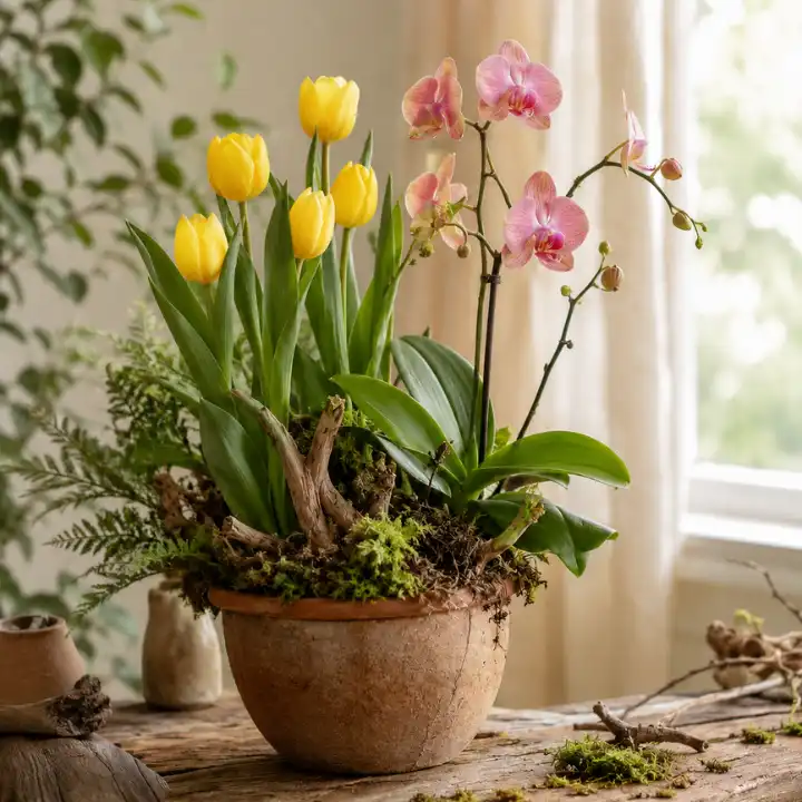 Yellow Tulip & Pink orchid Plant 1 Yellow Tulips and Orchids