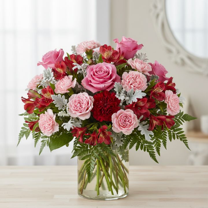 Radiant Velvet Roses, Alstroemeria & Carnation Blossom Vase 1 A vibrant alstroemeria and carnations bouquet accented with deep velvet roses arranged elegantly in a glass vase.