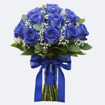 A handcrafted blue rose flower bouquet featuring fresh roses accented with white baby's breath and green eucalyptus leaves.