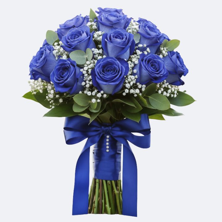 The Royal Blue Elegance Bouquet 1 A handcrafted blue rose flower bouquet featuring fresh roses accented with white baby's breath and green eucalyptus leaves.