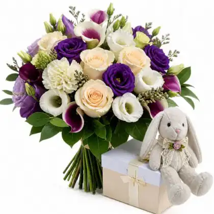 bouquet with roses and calla lilies