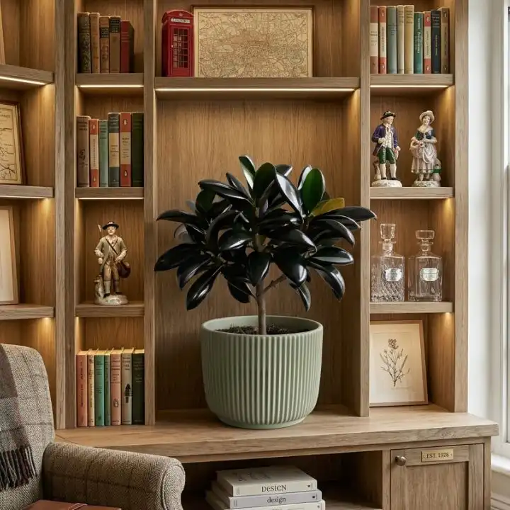 Burgundy Rubber Plant 1 Vibrant Burgundy Rubber Plant with deep red glossy leaves in a stylish ceramic pot.