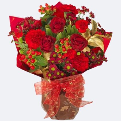 Hand-tied carnations and roses arrangements featuring deep red roses and soft pink petals in a decorative wrap.