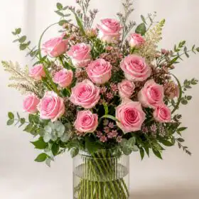 Pink Roses Bouquet in Glass Vase