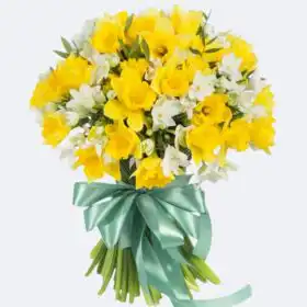 Handcrafted White Freesia and Yellow Narcissus Flower Bouquet