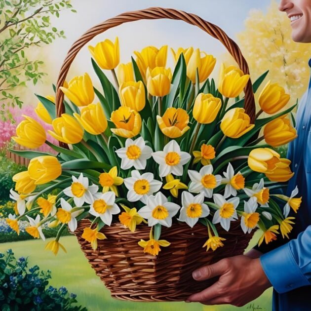 Yellow Tulips and Daffodil Flower Basket – A vibrant arrangement of fresh yellow tulips and daffodils in a stylish basket.