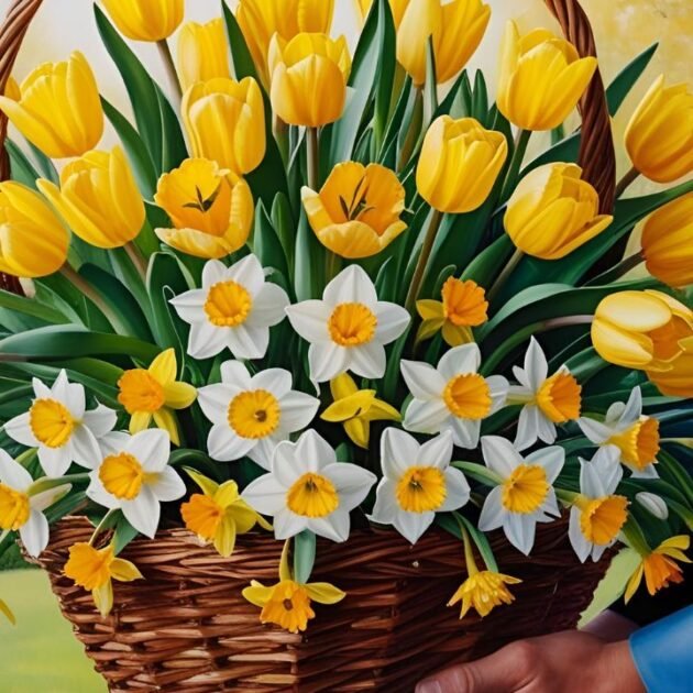 Yellow Tulips and Daffodil Flower Basket – Fresh and vibrant tulips and daffodils arranged in a beautiful basket.