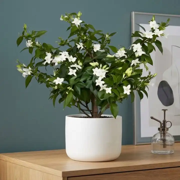 Fragrant Jasmine Plant 1 A healthy jasmine fragrant plant with pure white star-shaped blossoms and glossy green leaves in a pot.