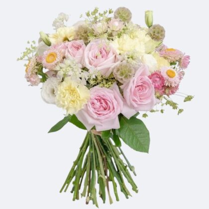 Hand-tied Lilac Purple Rose & Matthiola Hatbox Bouquet with fresh pink roses and cream carnations on a white background.