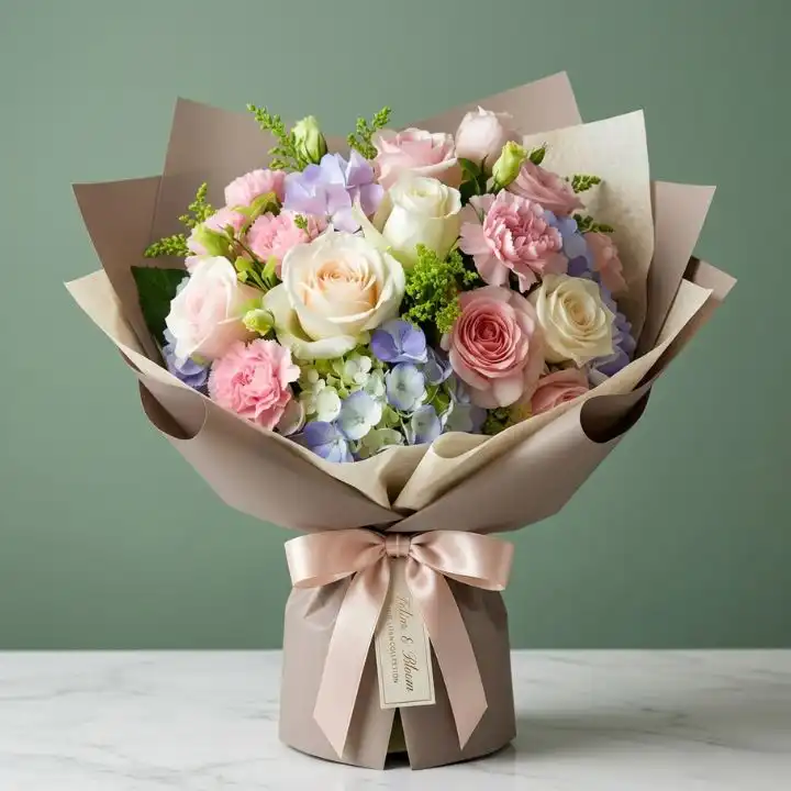 The Serenity Bouquet: Lilac, White Roses & Hydrangeas 1 A professional arrangement of a lilac and white rose bouquet with lush green foliage in a studio setting.