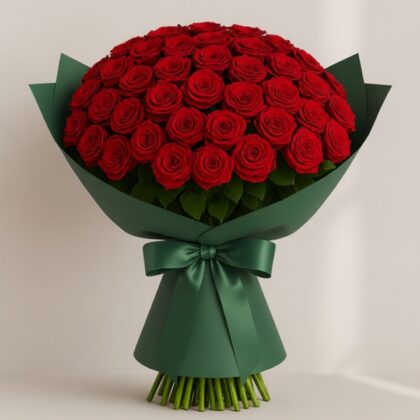A large, elegant flower bouquet red roses wrapped in premium cream paper with a satin ribbon.