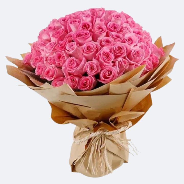 Luxury Pink Rose Bouquet 1 A large Luxury Pink Rose Bouquet wrapped in brown kraft paper with a natural twine bow.