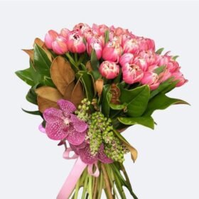 Hand-Tied Tulips and Orchids Bouquet with Pink Ribbon