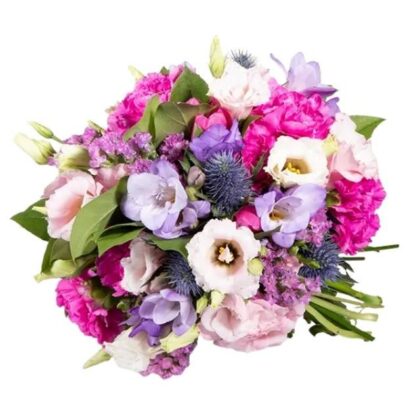 A hand-tied, luxury Freesia and Carnation Bouquet featuring deep purple freesia, magenta carnations, and mixed complementary blooms.