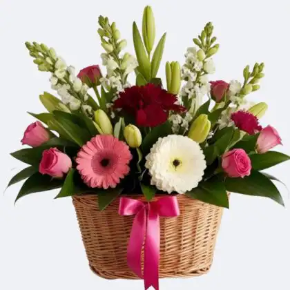 A lush Roses and Gerbera Arrangement featuring pink blooms and white daisies in a woven basket with a pink ribbon.