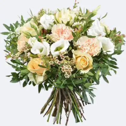 A luxurious Peach Champagne roses and lisianthus bouquet arranged with fresh greenery in a stylish wrap.