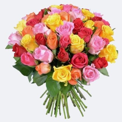 A lush pink and red rose bouquet featuring fresh vibrant blooms and green foliage for a luxury gift.