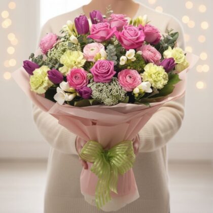 A luxury pink carnation and rose bouquet wrapped in elegant paper with a decorative green ribbon