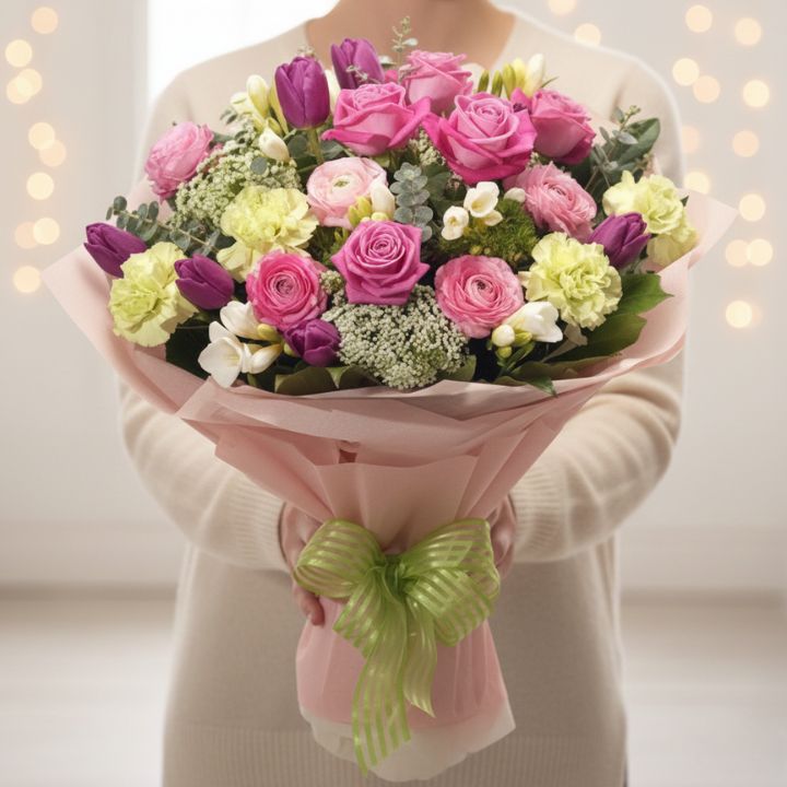 pink carnation and rose Flower bouquet 1 A luxury pink carnation and rose bouquet wrapped in elegant paper with a decorative green ribbon