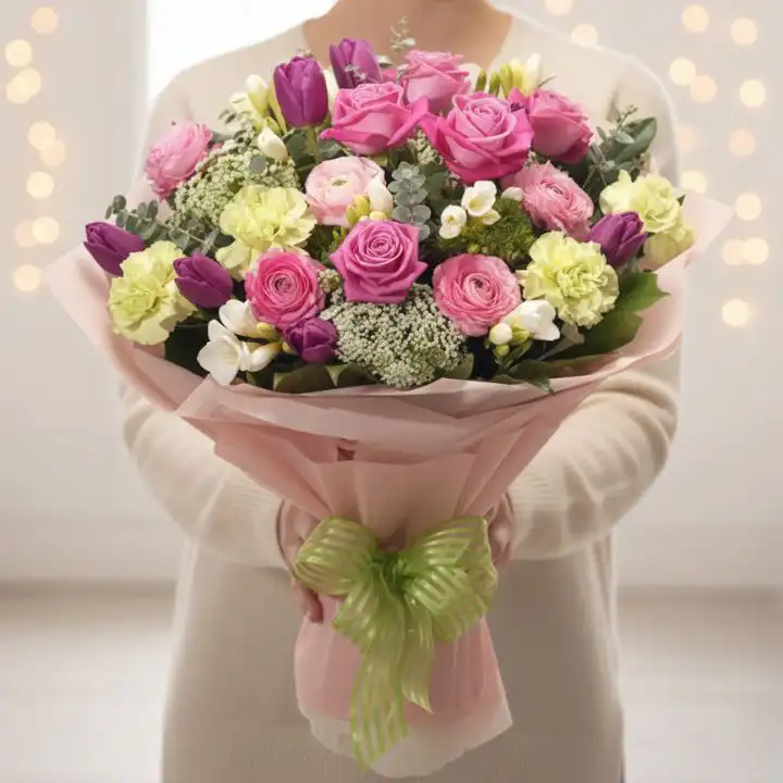 pink carnation and rose Flower bouquet 1 A luxury pink carnation and rose bouquet wrapped in elegant paper with a decorative green ribbon