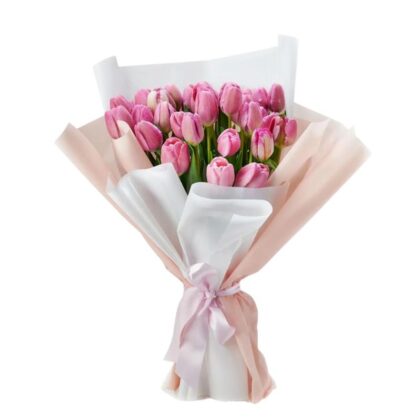 Pink Tulip Bridal Bouquet, crafted with premium, vibrant pink tulips and presented in elegant wrapping.