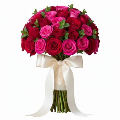 A lush bridal bouquet featuring fresh red and hot pink roses accented with green herbs in a sage green box.