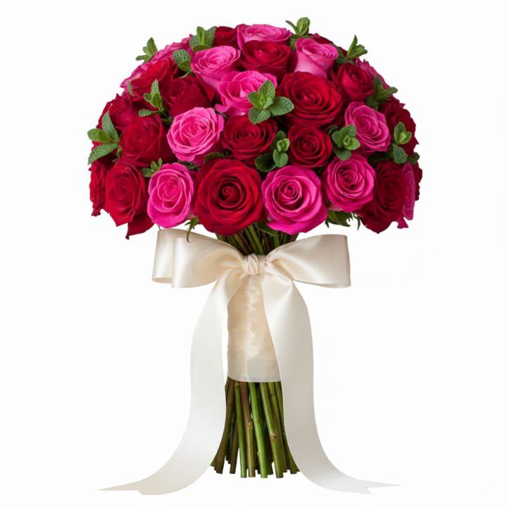 The Passion & Glow Bouquet 1 A lush bridal bouquet featuring fresh red and hot pink roses accented with green herbs in a sage green box.