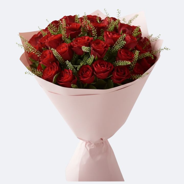 Deep Red Roses Bouquet 1 Hand-tied red bouquet roses accented with white lepidium filler in soft pink wrapping.