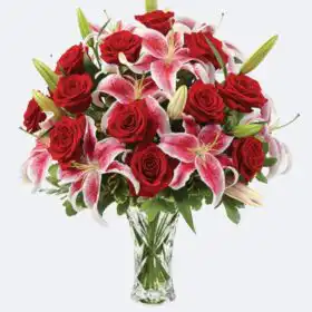 Red Rose Pink Lily Bouquet