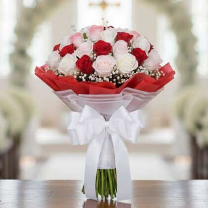 A fresh red white pink rose bouquet wrapped in premium paper with a decorative ribbon on a wooden table.